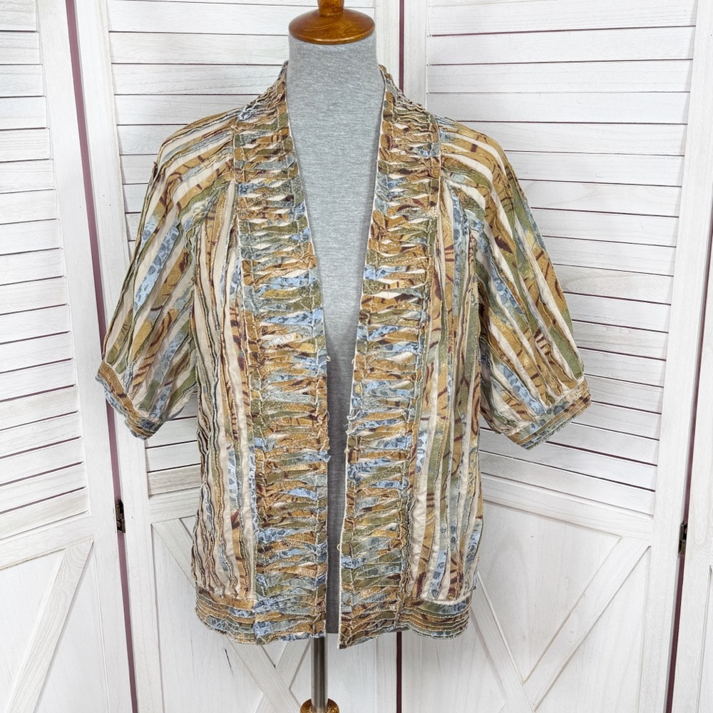 Chicos Shirred Cut Away Art To Wear Short Sleeve V Neck Jacket Tan Multi Large